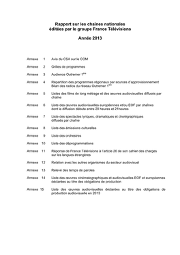 Rapport Sur Les Chaînes Nationales Éditées Par Le Groupe France Télévisions Année 2013