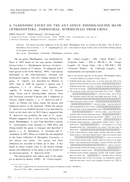 A Taxonomic Study on the Ant Genus Pheidologeton Mayr