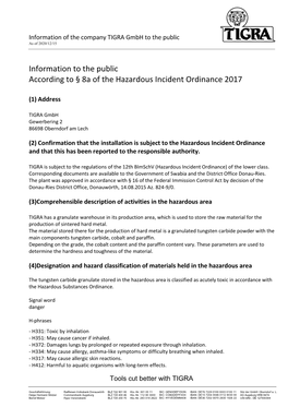 Information to the Public According to § 8A of the Hazardous Incident Ordinance 2017