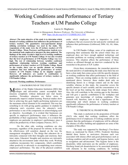 Working Conditions and Performance of Tertiary Teachers at UM Panabo College