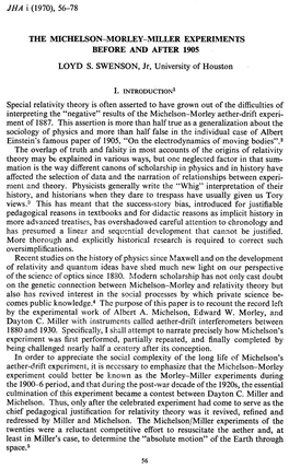 JHA I (1970), 56-78 the MICHELSON-MORLEY-MILLER EXPERIMENTS