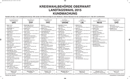 KREISWAHLBEHÖRDE OBERWART LANDTAGSWAHL 2015 KUNDMACHUNG Gemäß § 40 Abs