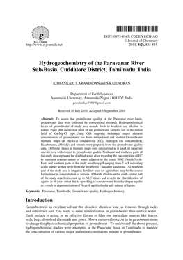 Hydrogeochemistry of the Paravanar River Sub-Basin, Cuddalore District, Tamilnadu, India