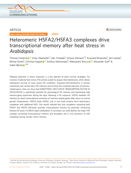 Heteromeric HSFA2/HSFA3 Complexes Drive Transcriptional Memory After Heat Stress in Arabidopsis