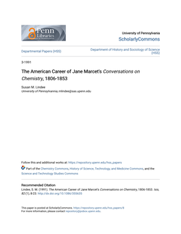 The American Career of Jane Marcet's Conversations on Chemistry, 1806-1853