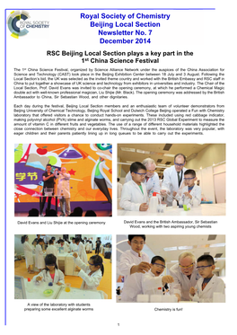 Royal Society of Chemistry Beijing Local Section Newsletter No. 7 December 2014 RSC Beijing Local Section Plays a Key Part in the 1St China Science Festival