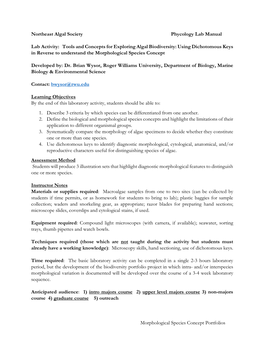 Morphological Species Concept Portfolios Northeast Algal Society Phycology Lab Manual