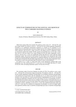 Effects of Temperature on the Survival and Growth of Two Cambarid Crayfish Juveniles