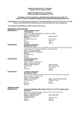 Brighton and Hove City Council Weekly List of Applications Brighton and Hove City Council Town & Country Planning Act 1990