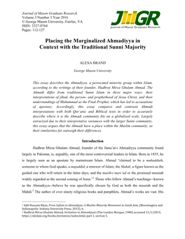 Placing the Marginalized Ahmadiyya in Context with the Traditional Sunni Majority