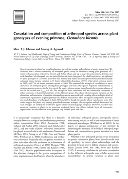 Covariation and Composition of Arthropod Species Across Plant Genotypes of Evening Primrose, Oenothera Biennis