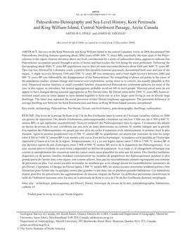 Paleoeskimo Demography and Sea-Level History, Kent Peninsula and King William Island, Central Northwest Passage, Arctic Canada ARTHUR S