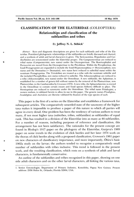 CLASSIFICATION of the ELATERIDAE (COLEOPTERA) Relationships and Classification of the Subfamilies and Tribes