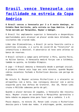 Brasil Vence Venezuela Com Facilidade Na Estreia Da Copa América