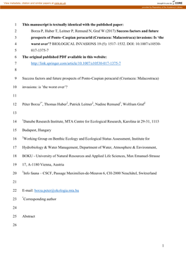 Success Factors and Future 3 Prospects of Ponto–Caspian Peracarid (Crustacea: Malacostraca) Invasions: Is ‘The 4 Worst Over’? BIOLOGICAL INVASIONS 19 (5): 1517–1532