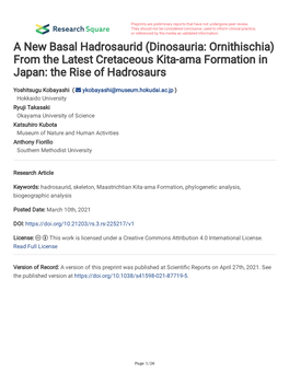 A New Basal Hadrosaurid (Dinosauria: Ornithischia) from the Latest Cretaceous Kita-Ama Formation in Japan: the Rise of Hadrosaurs