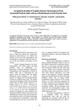 An Updated Checklist of Vespidae (Insecta: Hymenoptera) from Arunachal Pradesh, India with New Distributional Records from the State