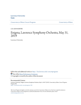 Enigma, Lawrence Symphony Orchestra, May 31, 2019 Lawrence University