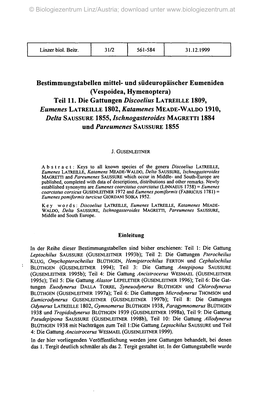 Bestimmungstabellen Mittel- Und Südeuropäischer Eumeniden (Vespoidea, Hymenoptera) Teil 11