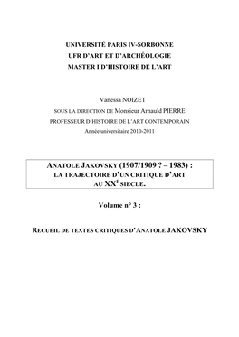 Anatole Jakovsky (1907/1909 ? – 1983) : La Trajectoire D ’Un Critique D ’Art Au Xx E Siecle