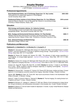 Anusha Shankar 323A Murie, 2090 N Koyukuk Dr, Fairbanks, AK 99775 | Ashankar1@Alaska.Edu +1-907-474-6642 | Anushashankar.Weebly.Com Professional Appointments