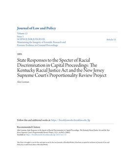 The Kentucky Racial Justice Act and the New Jersey Supreme Court's Proportionality Review Project Alex Lesman