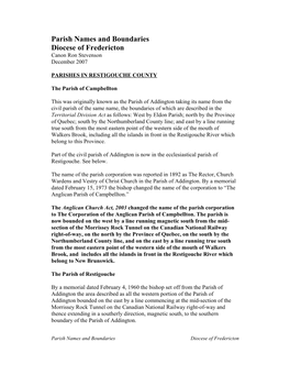 Parish Names and Boundaries Diocese of Fredericton Canon Ron Stevenson December 2007