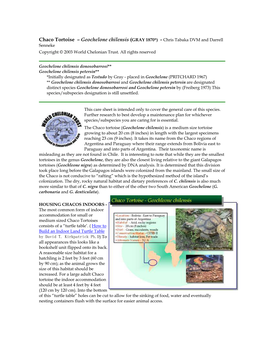 Chaco Tortoise – Geochelone Chilensis (GRAY 1870*) - Chris Tabaka DVM and Darrell Senneke Copyright © 2003 World Chelonian Trust