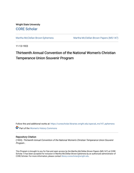 Thirteenth Annual Convention of the National Women's Christian Temperance Union Souvenir Program