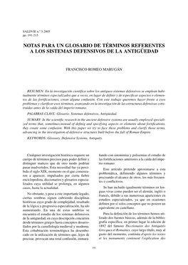 Notas Para Un Glosario De Términos Referentes a Los Sistemas Defensivos De La Antigüedad