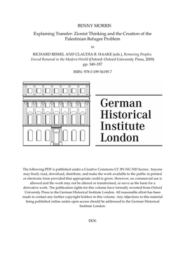 BENNY MORRIS Explaining Transfer: Zionist Thinking and the Creation of the Palestinian Refugee Problem