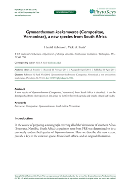 Gymnanthemum Koekemoerae (Compositae, Vernonieae), a New Species from South Africa