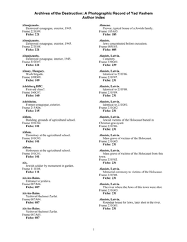 A Photographic Record of Yad Vashem Author Index