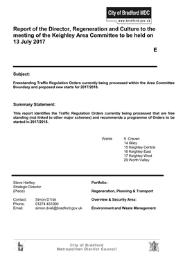 Report of the Director, Regeneration and Culture to the Meeting of the Keighley Area Committee to Be Held on 13 July 2017 E