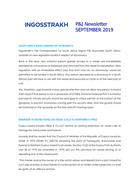 P&I Newsletter SEPTEMBER 2019