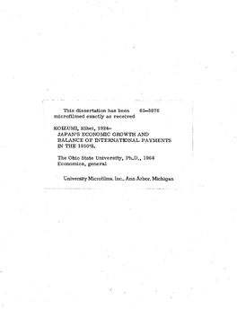 University Microfilms, Inc., Ann Arbor, Michigan JAPAN's ECONOMIC GROWTH and BALANCE of INTERNATIONAL PAYMENTS IN: the 1950'S