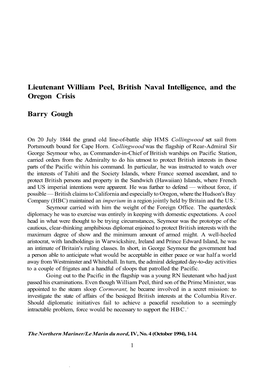 Lieutenant William Peel, British Naval Intelligence, and the Oregon Crisis