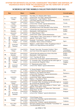 Schedule of the Mobile Collection Point for 2021