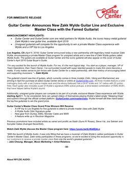 Guitar Center Announces New Zakk Wylde Guitar Line and Exclusive Master Class with the Famed Guitarist