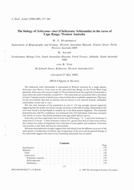 The Biology of Schizomus Vine; (Chelicerata: Schizomida) in the Caves of Cape Range, Western Australia