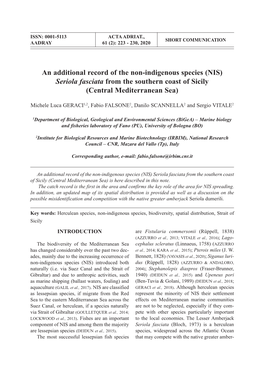 An Additional Record of the Non-Indigenous Species (NIS) Seriola Fasciata from the Southern Coast of Sicily (Central Mediterranean Sea)