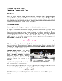 Applied Thermodynamics Module 4: Compressible Flow