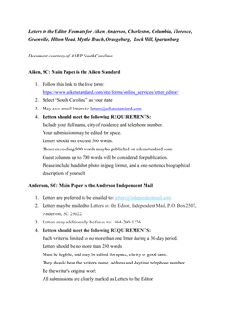 Letters to the Editor Formats for Aiken, Anderson, Charleston, Columbia, Florence, Greenville, Hilton Head, Myrtle Beach, Orangeburg, Rock Hill, Spartanburg