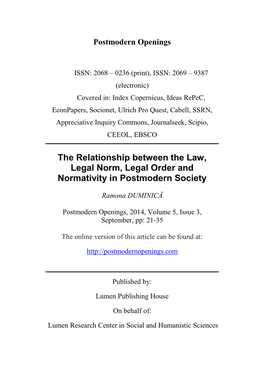 The Relationship Between the Law, Legal Norm, Legal Order and Normativity in Postmodern Society