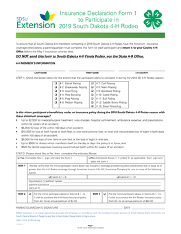 Insurance Declaration Form 1 to Participate in 2019 South Dakota 4-H Rodeo