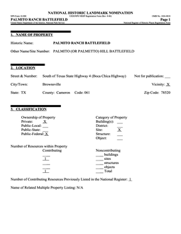 PALMITO RANCH BATTLEFIELD Page 1 United States Department of the Interior, National Park Service______National Register of Historic Places Registration Form