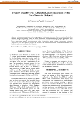 Diversity of Earthworms (Clitellata: Lumbricidae) from Sredna Gora Mountain (Bulgaria)