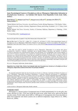 Monogenea: Diplozoidae) Infestation in Pseudophoxinus Burduricus - an Endemic Fish Species from Doğanbaba Creek (Lake Salda, Turkey)