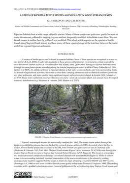 A Study of Riparian Beetle Species Along Slapton Wood Stream, Devon