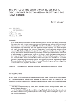 The Battle of the Eclipse (May 28, 585 Bc): a Discussion of the Lydo-Median Treaty and the Halys Border